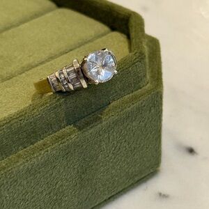 GOLD & DIAMOND Cushion Ring with Baguette Shoulders, 14K Circa 1990s